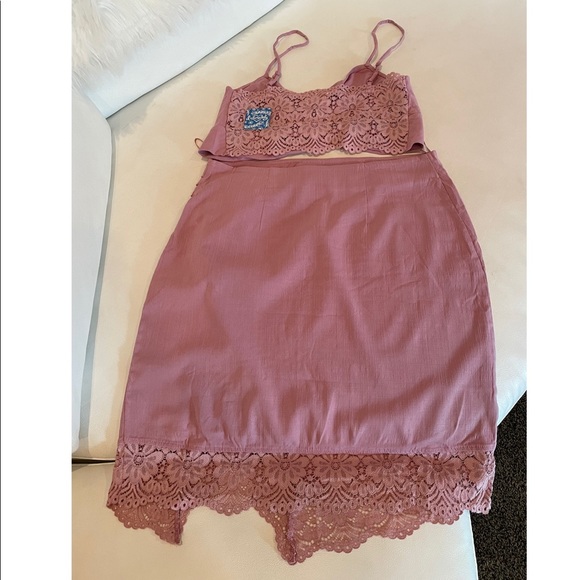 NWT M FREE PEOPLE blush pink lace trim mini skirt crop bralette set brand new - Picture 3 of 13